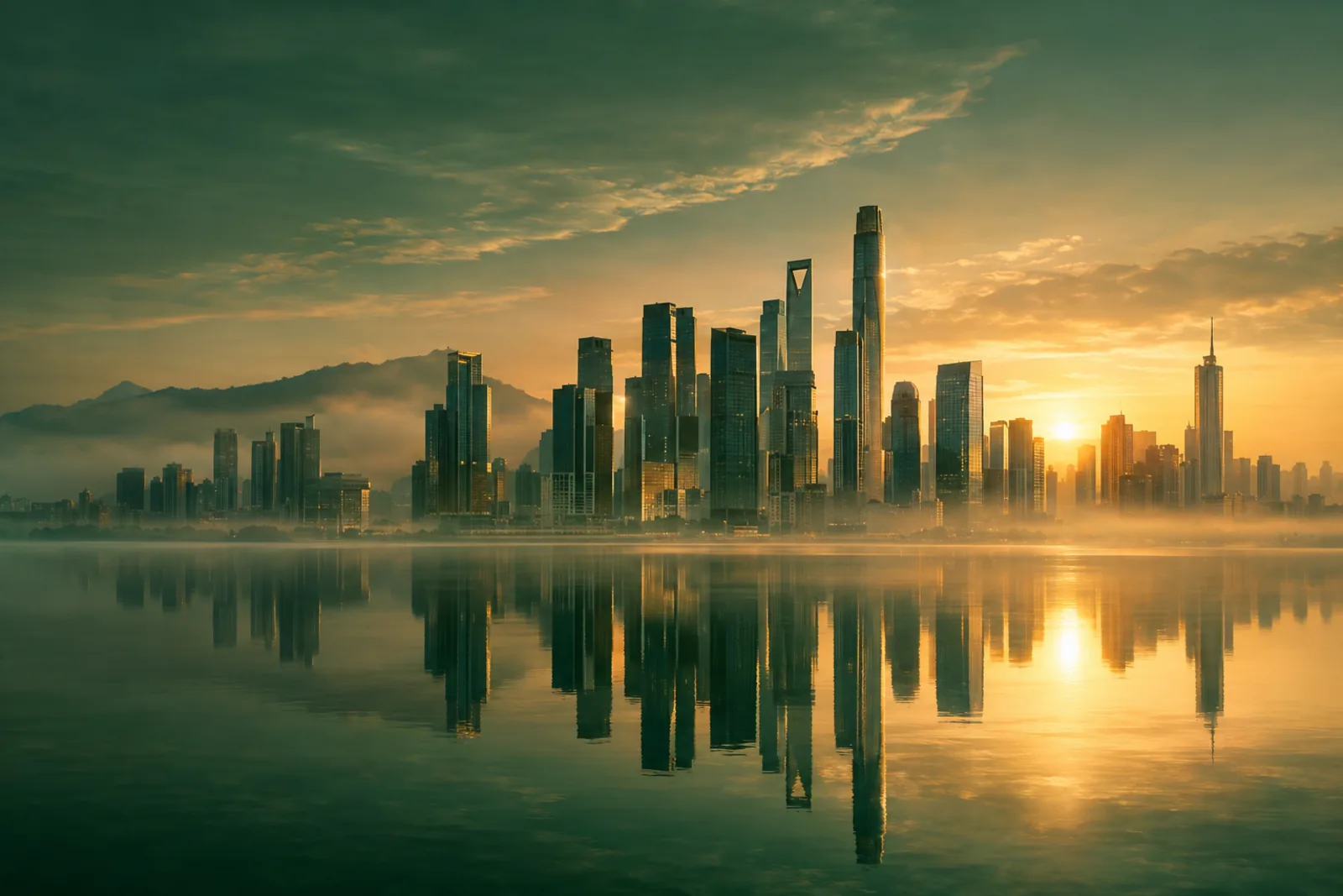 Detroit skyline reflected in calm water at dawn